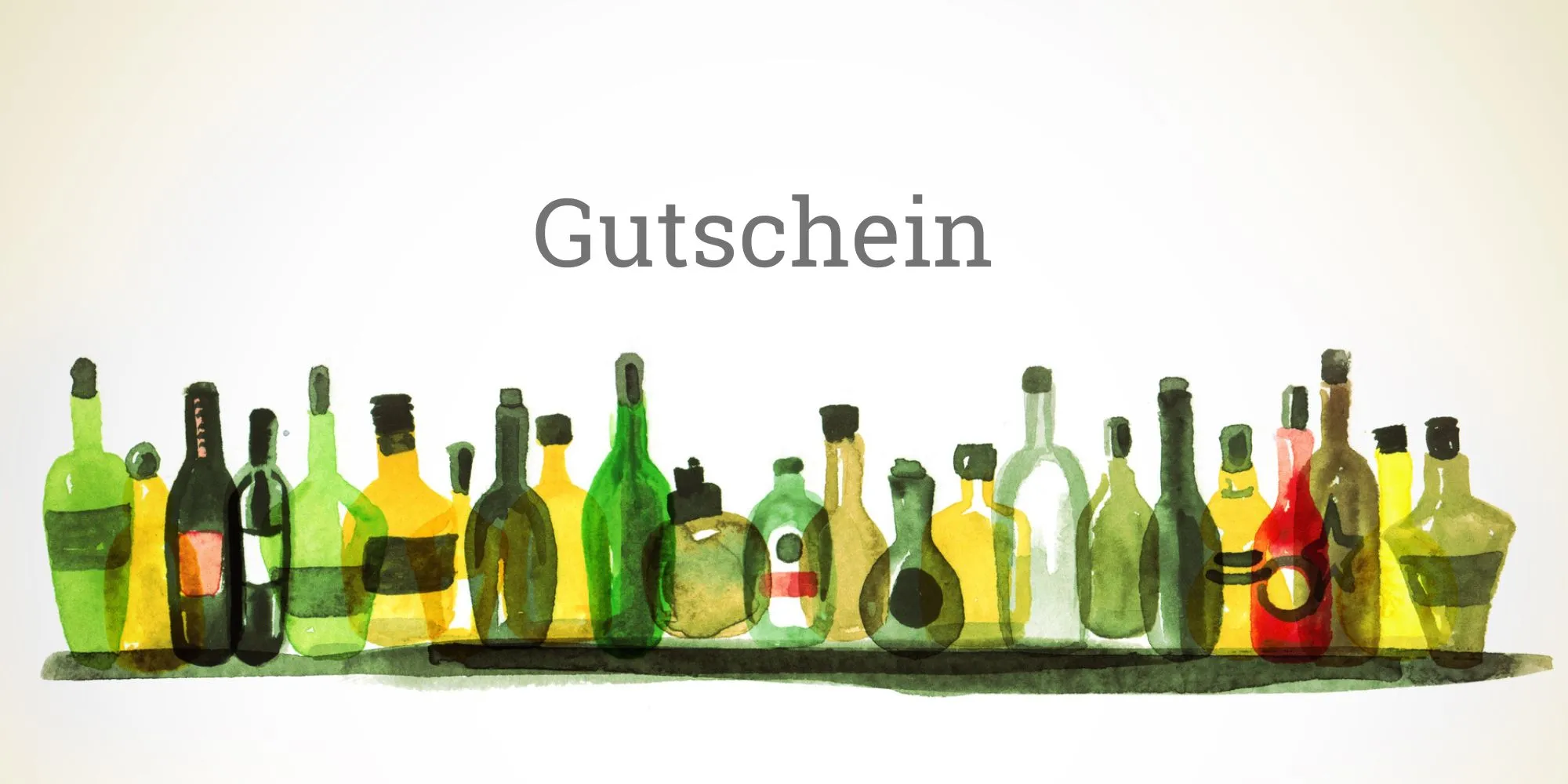 Gutschein der WeinGalerie mit gemalten Weinflaschen in Grün- und Gelbtönen